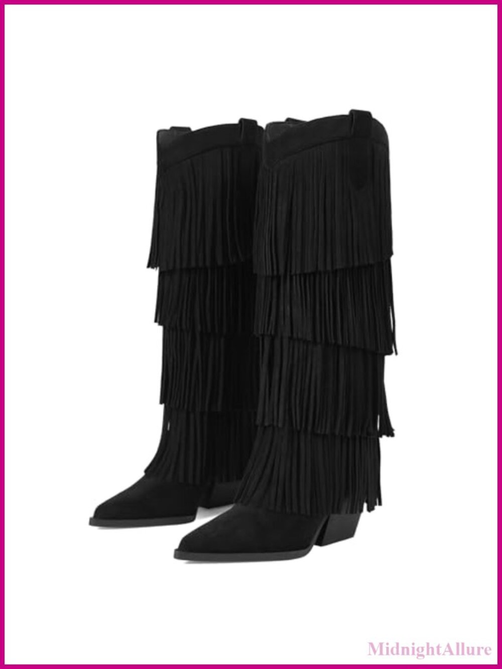 Women's Fringe Knee High Western Boots Pointed Toe Chunky Heel Wide Calf Cowgirl